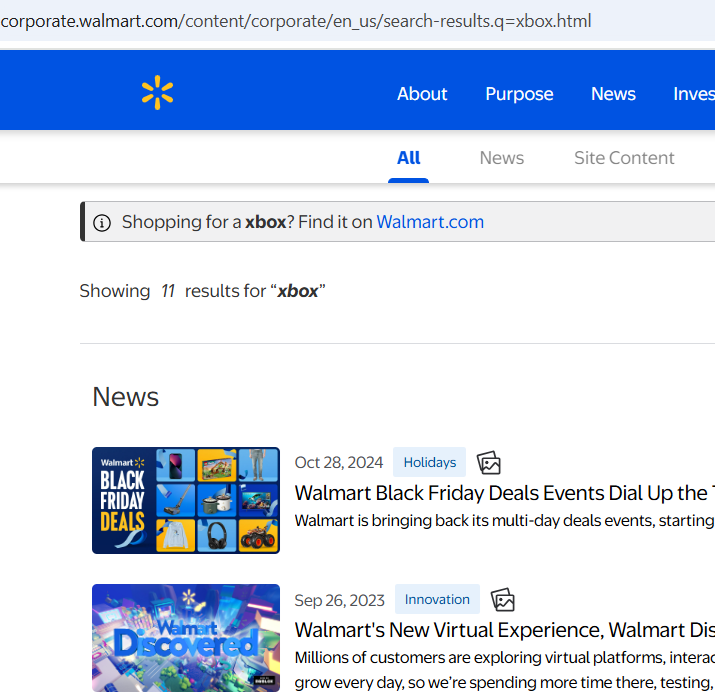 screenshot of Corporate.Walmart.com search results